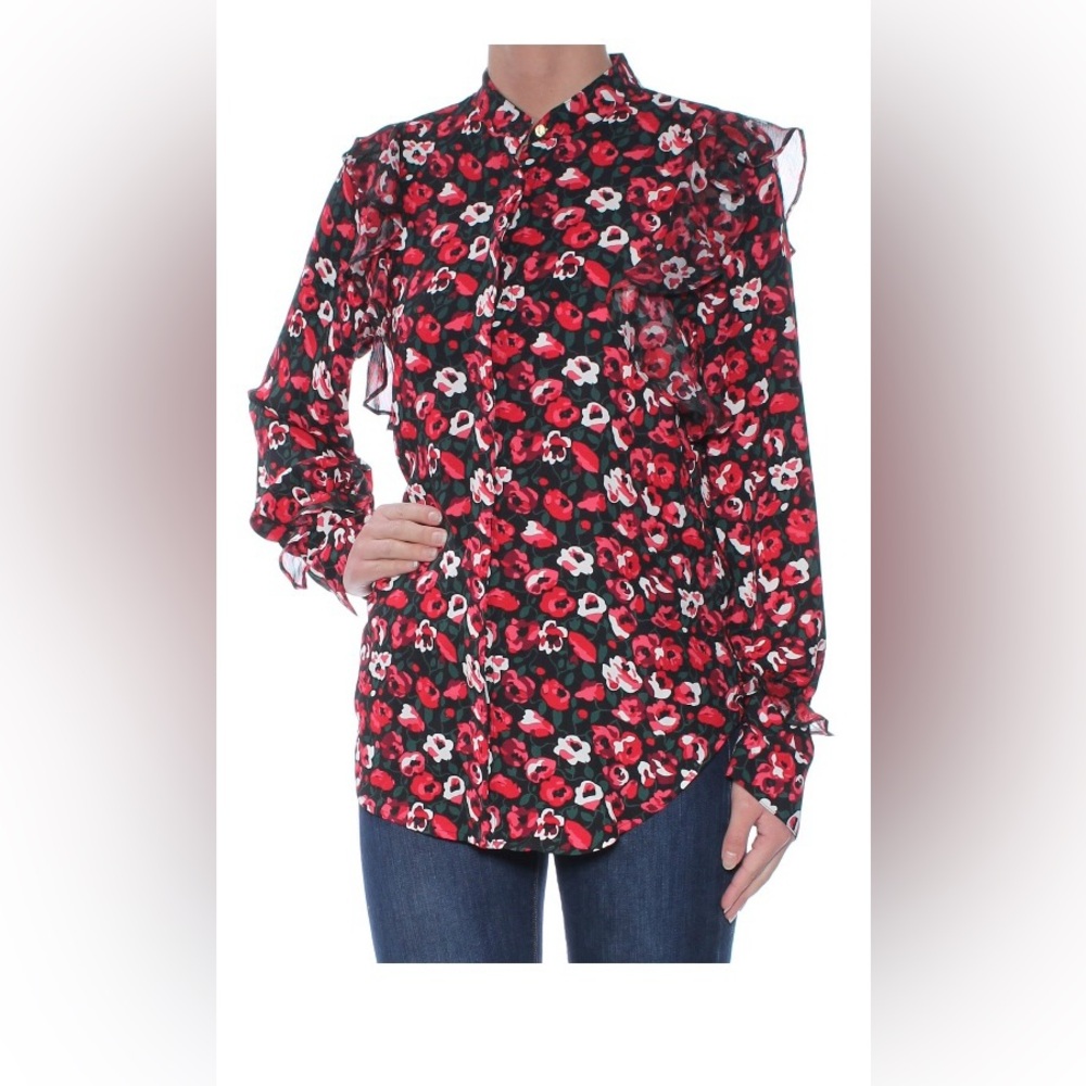 Lauren Ralph Lauren Red & Black Floral Blouse Long Sleeve With Ruffles Medium